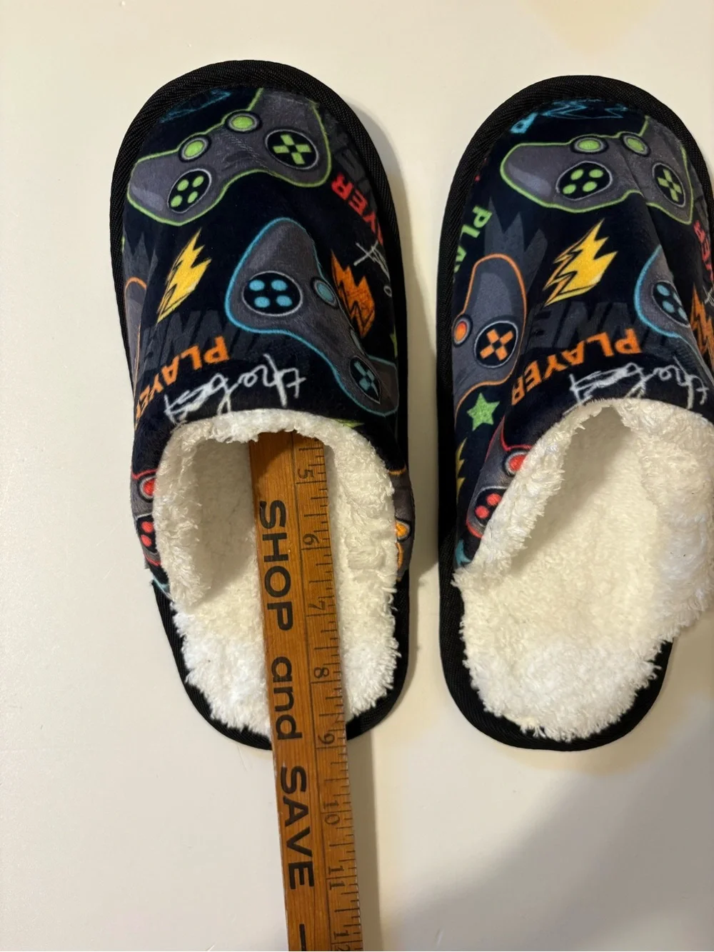 Kids Black Gamer Plush-Lined Slippers